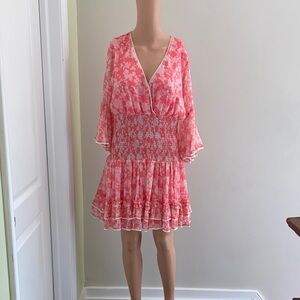 Floral Pink Smocked V-Neck Ruffle Dress